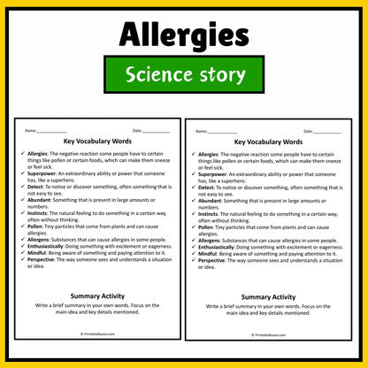 Allergies | Science Story Reading Comprehension Activity