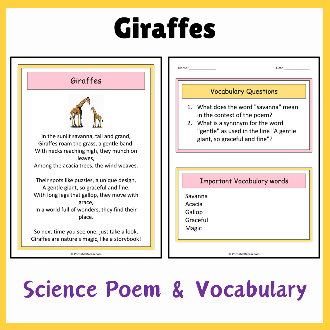 Giraffes | Science Poem Reading Comprehension Activity