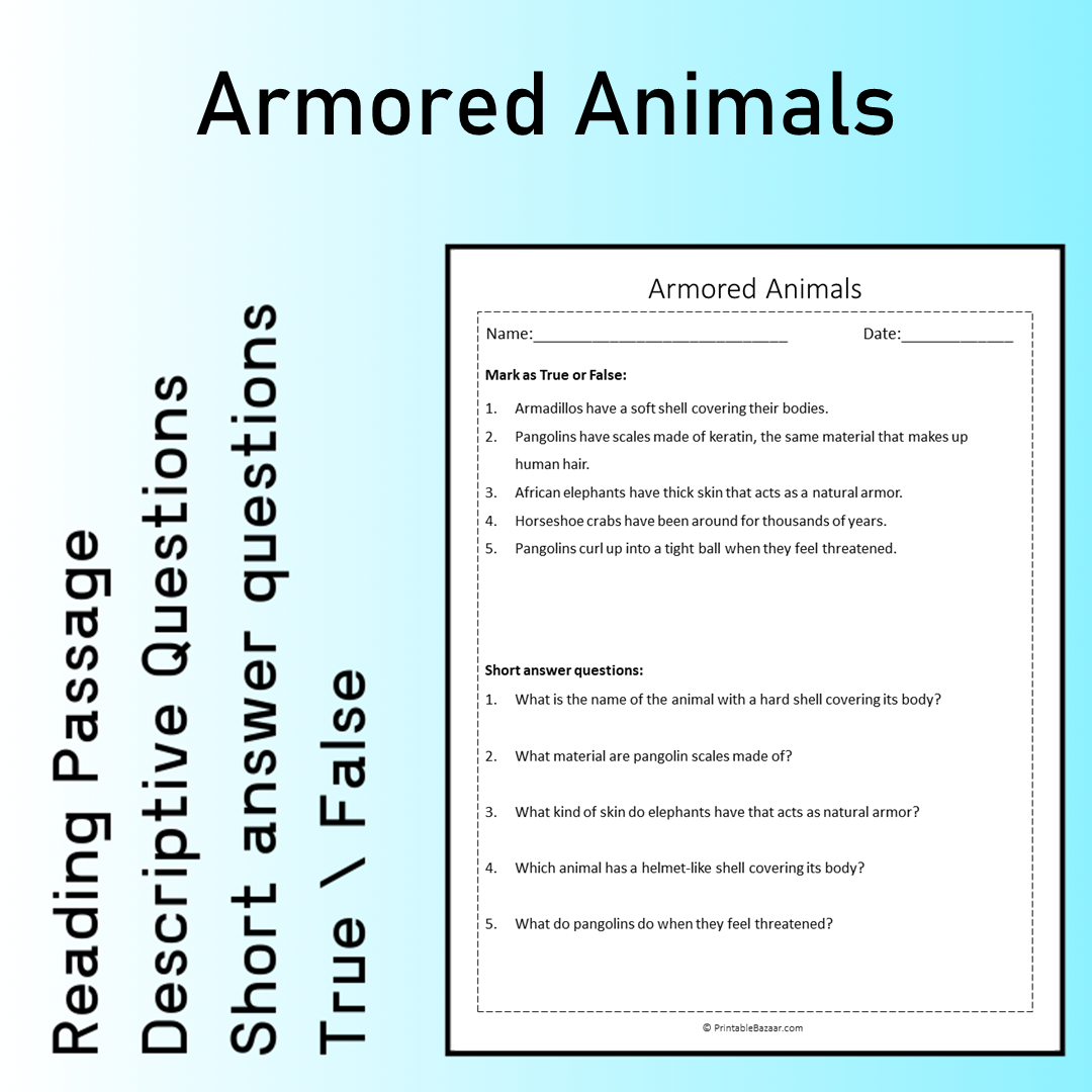 Armored Animals | Reading Comprehension Passage Printable Worksheet
