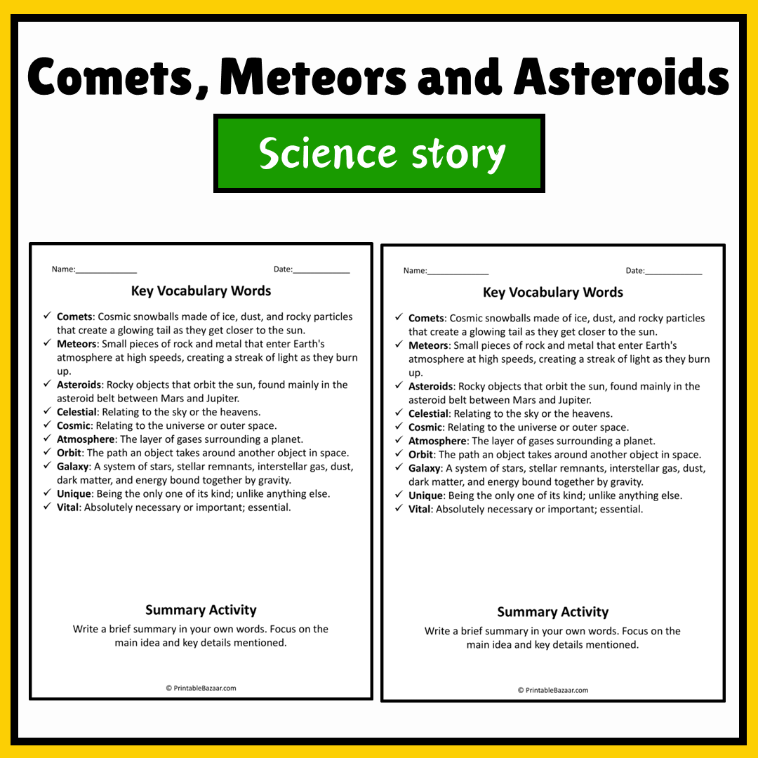 Comets, Meteors and Asteroids | Science Story Reading Comprehension Activity
