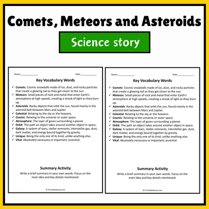 Comets, Meteors and Asteroids | Science Story Reading Comprehension Activity