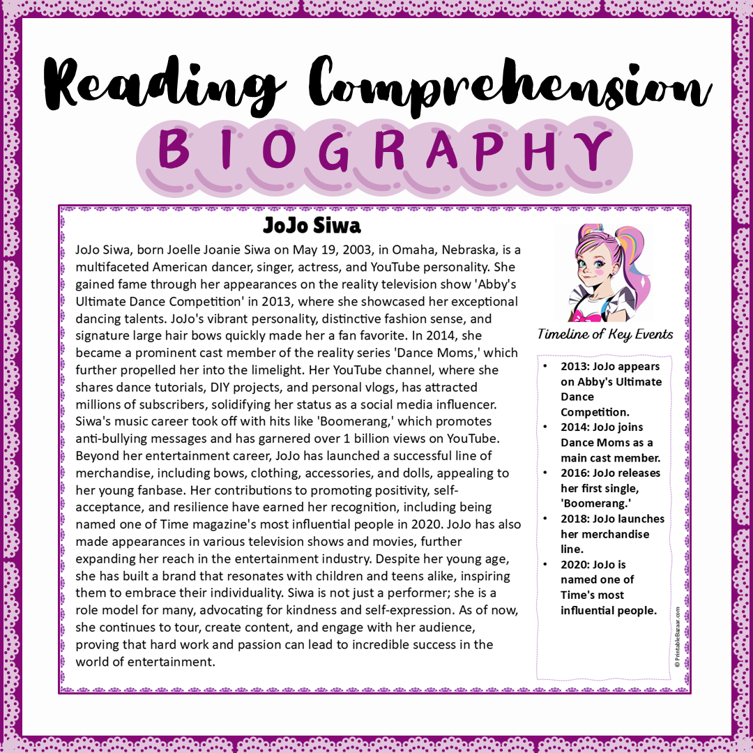 JoJo Siwa | Biography Reading Comprehension and Questions Worksheet