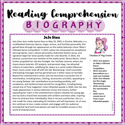 JoJo Siwa | Biography Reading Comprehension and Questions Worksheet