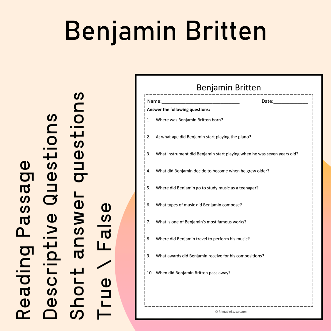 Benjamin Britten | Reading Comprehension Passage Printable Activity