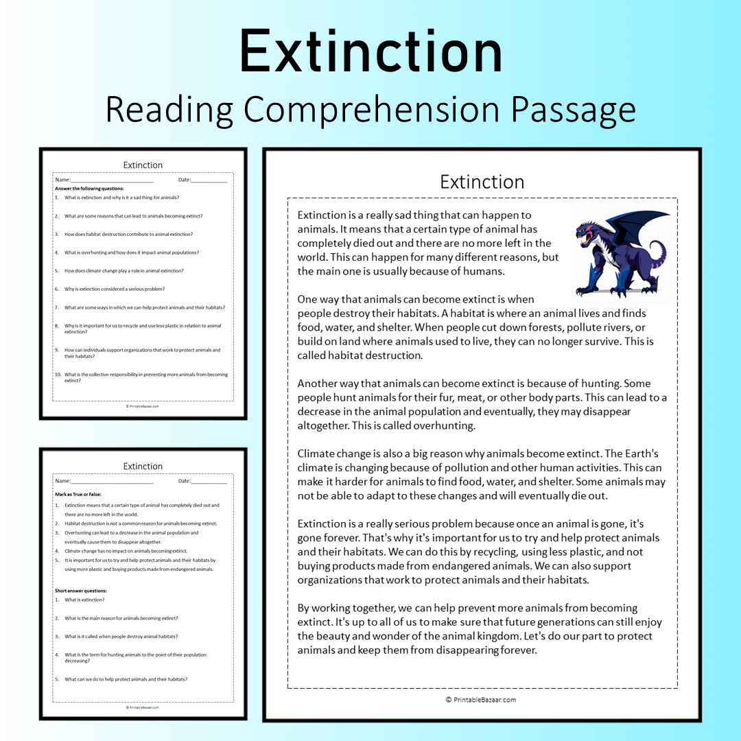 Extinction | Reading Comprehension Passage Printable Worksheet