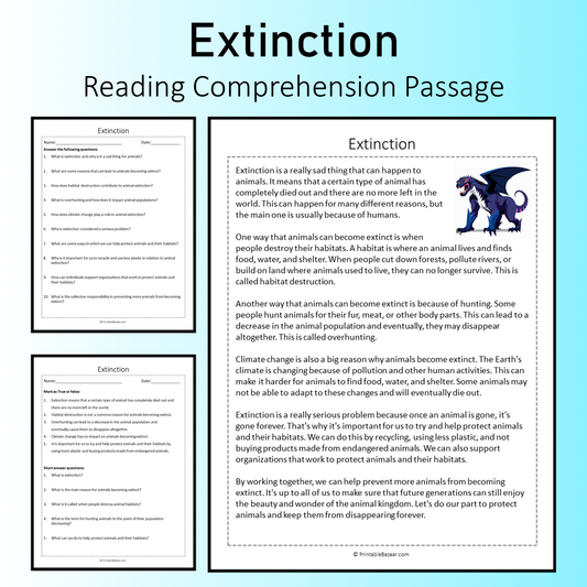 Extinction | Reading Comprehension Passage Printable Worksheet
