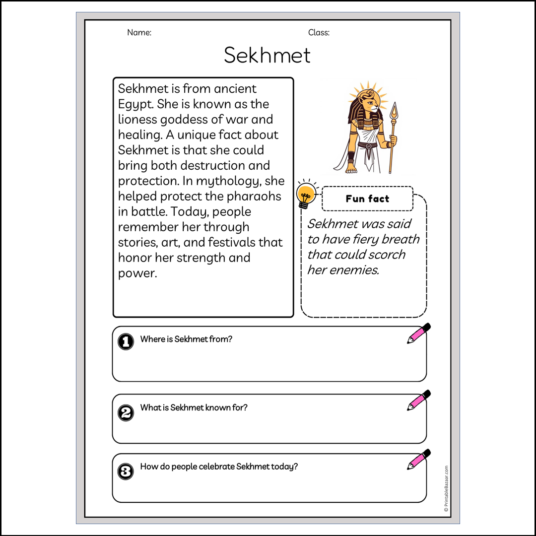 Sekhmet | Reading Passage Comprehension Questions Writing Facts Worksheet