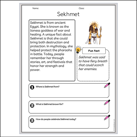 Sekhmet | Reading Passage Comprehension Questions Writing Facts Worksheet
