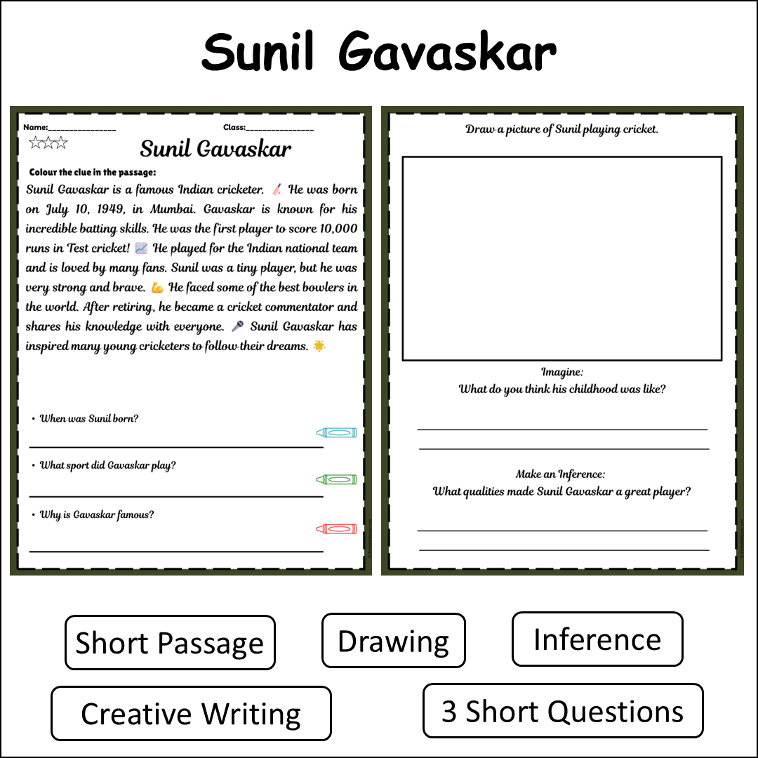 Sunil Gavaskar | Short Reading Comprehension Creative Worksheet