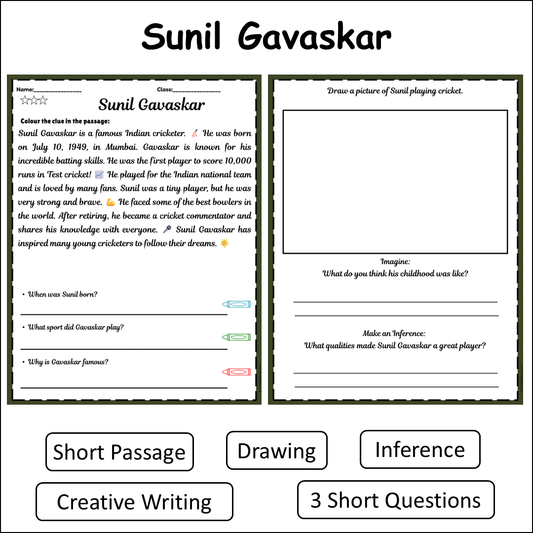 Sunil Gavaskar | Short Reading Comprehension Creative Worksheet