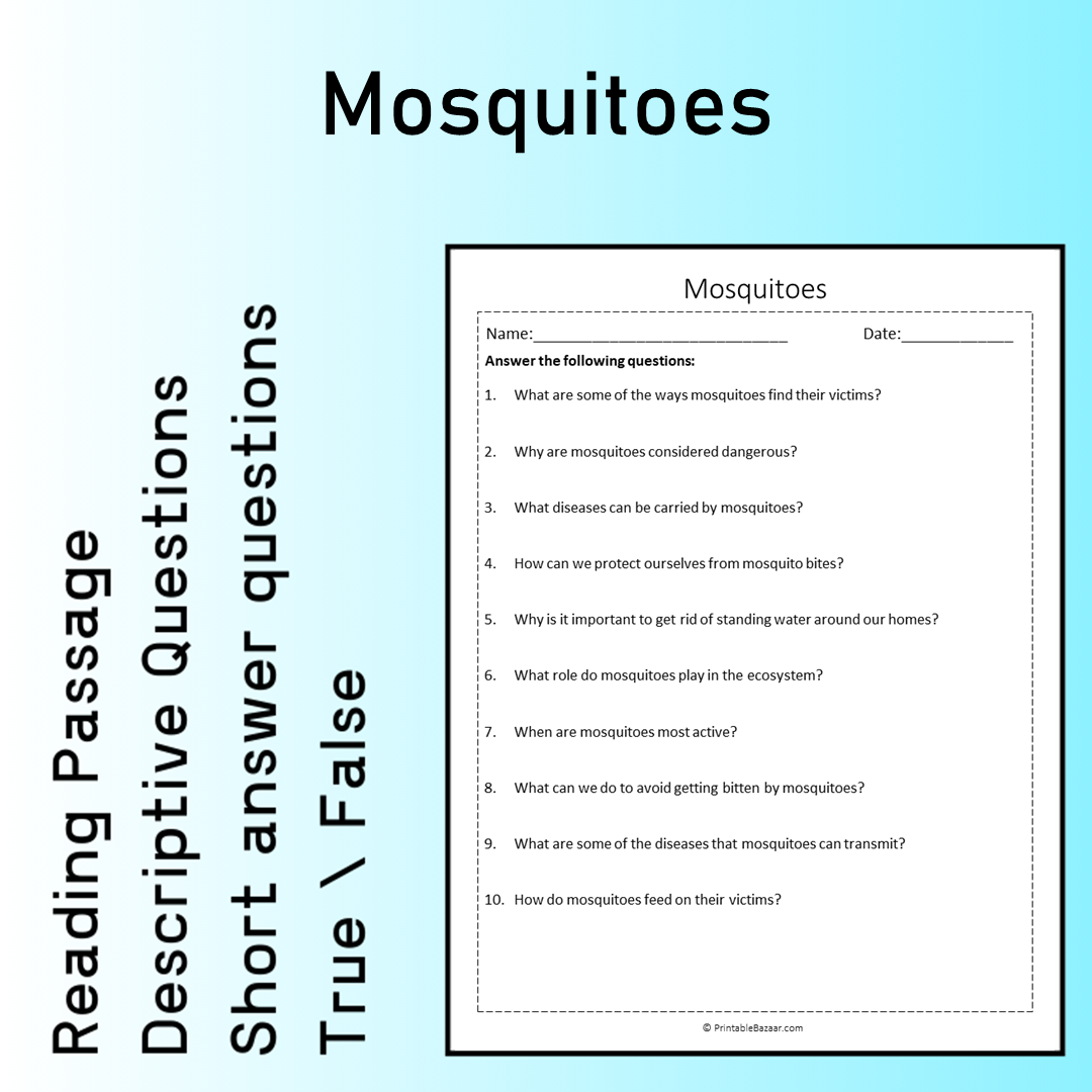 Mosquitoes | Reading Comprehension Passage Printable Worksheet