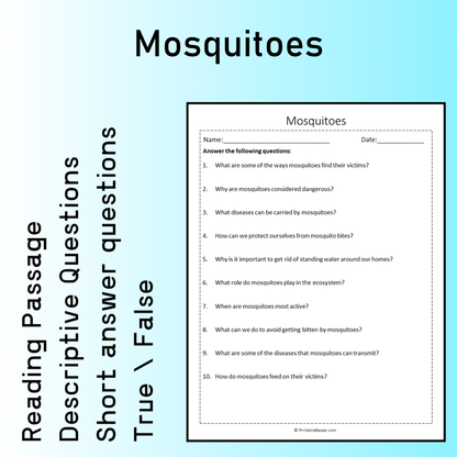 Mosquitoes | Reading Comprehension Passage Printable Worksheet
