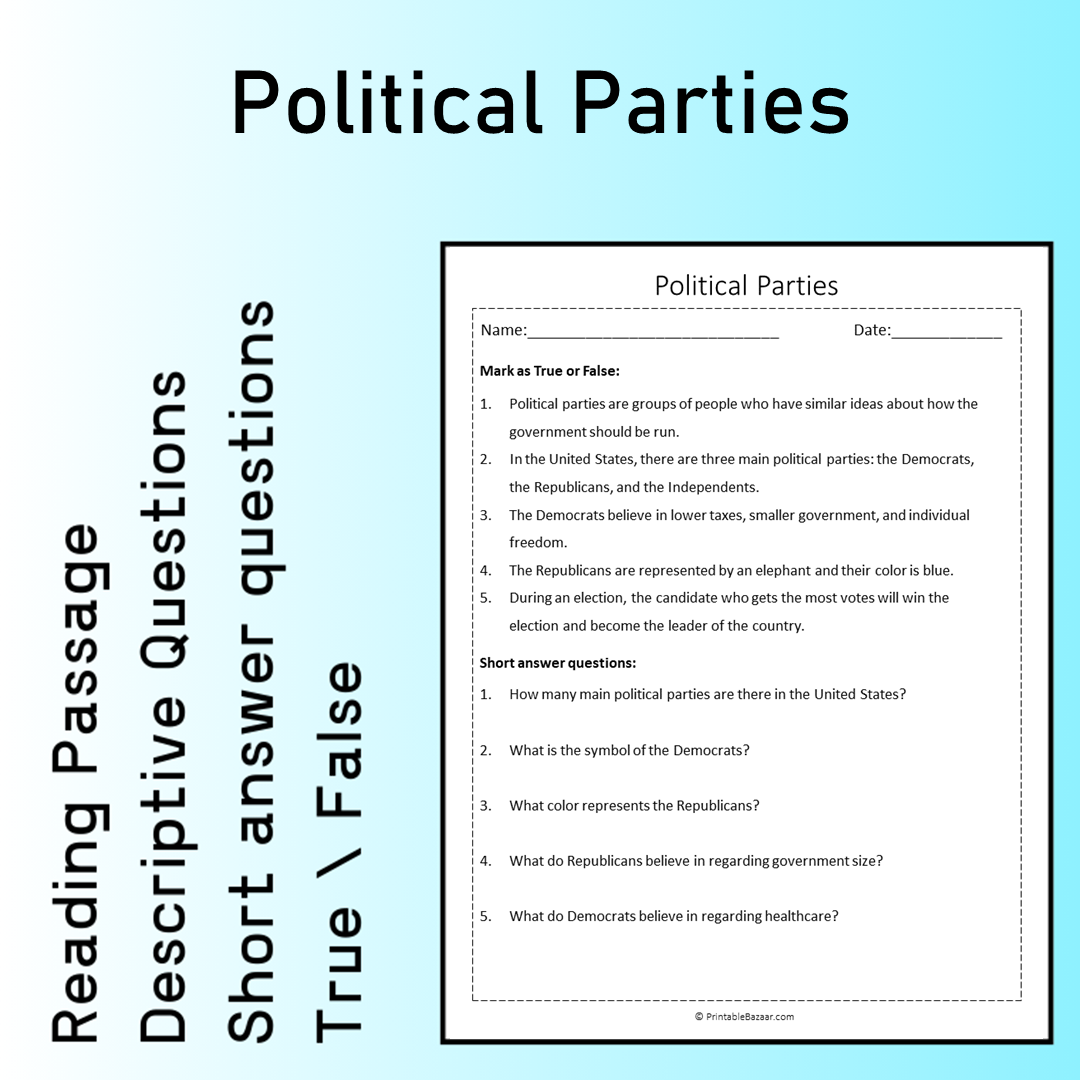 Political Parties | Reading Comprehension Passage Printable Worksheet