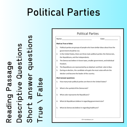 Political Parties | Reading Comprehension Passage Printable Worksheet