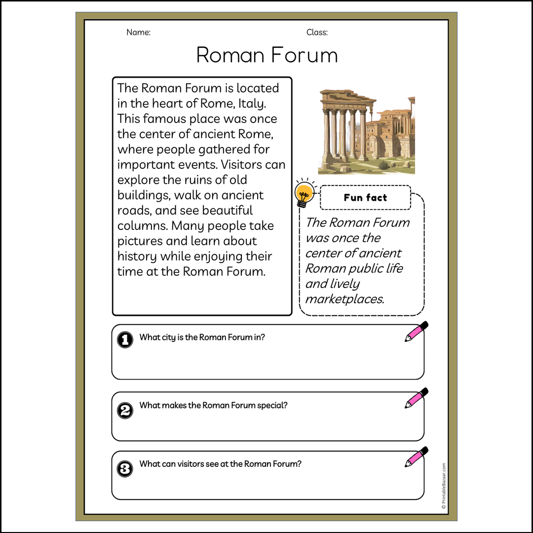 Roman Forum | Reading Passage Comprehension Questions Writing Facts Worksheet