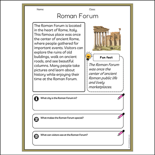 Roman Forum | Reading Passage Comprehension Questions Writing Facts Worksheet