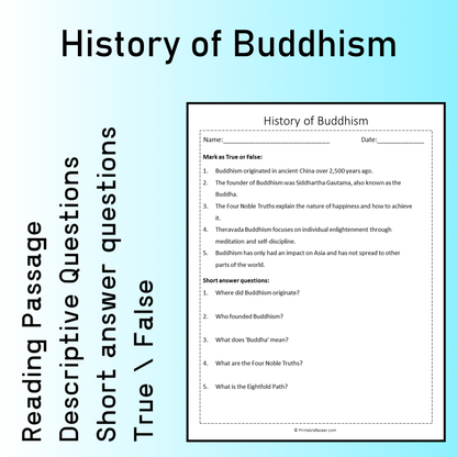 History of Buddhism | Reading Comprehension Passage Printable Worksheet