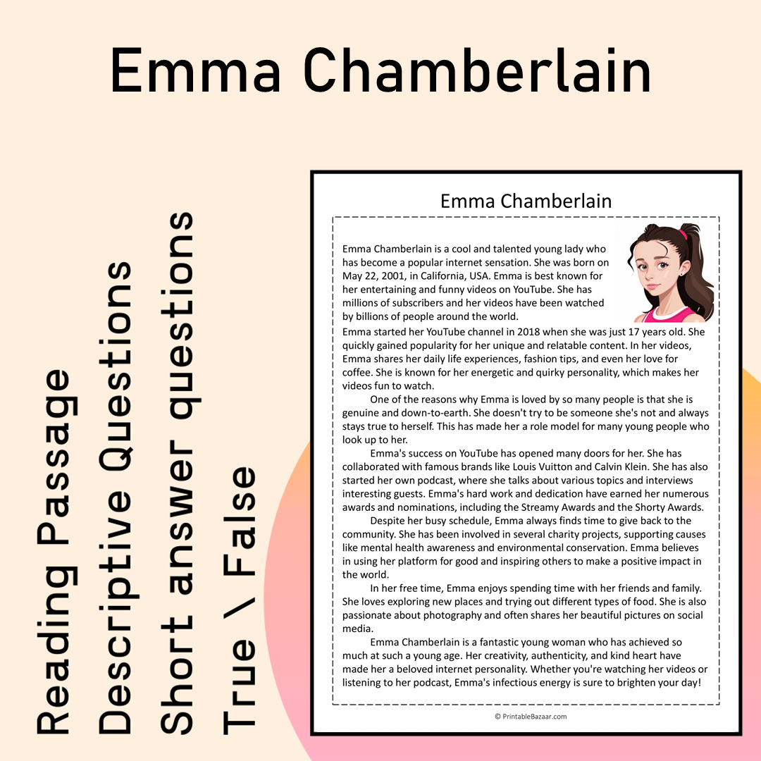 Emma Chamberlain | Reading Comprehension Passage Printable Activity