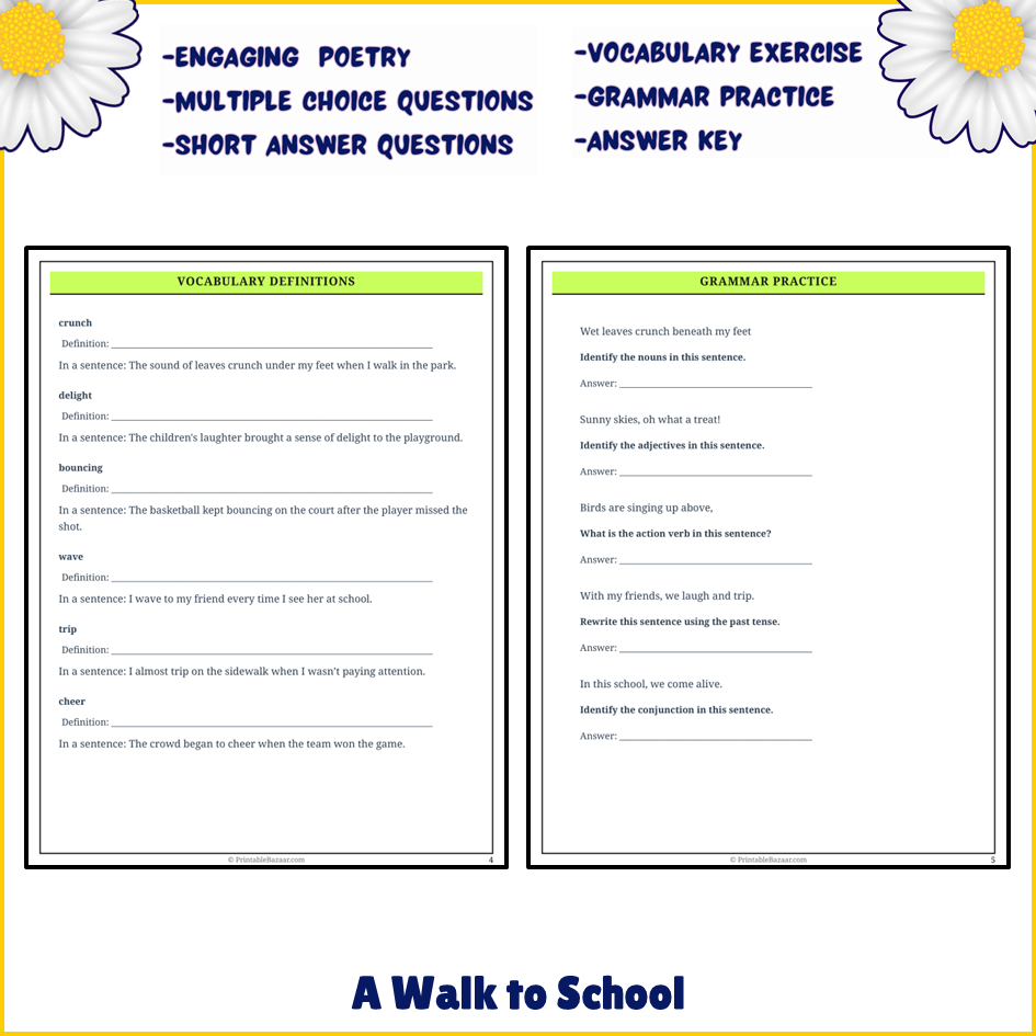 A Walk to School | Poem Grammar Worksheet Printable Activity