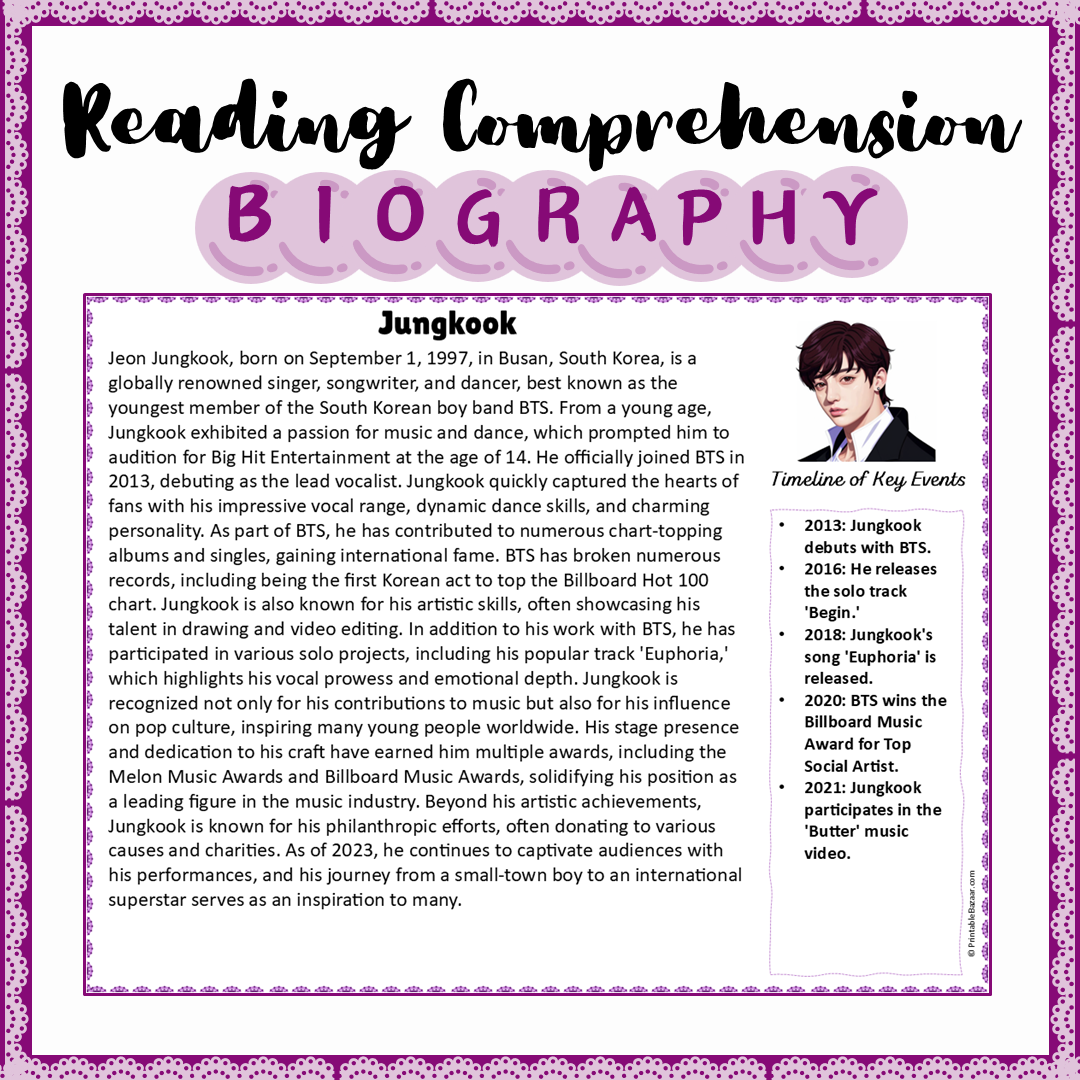 Jungkook | Biography Reading Comprehension and Questions Worksheet