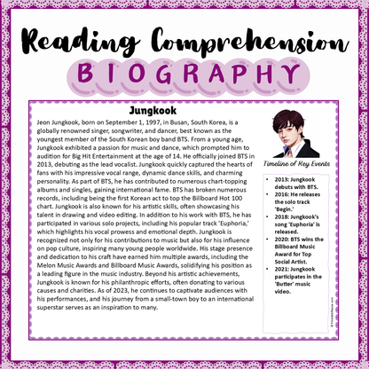 Jungkook | Biography Reading Comprehension and Questions Worksheet