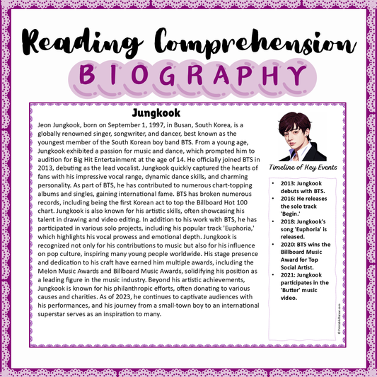 Jungkook | Biography Reading Comprehension and Questions Worksheet