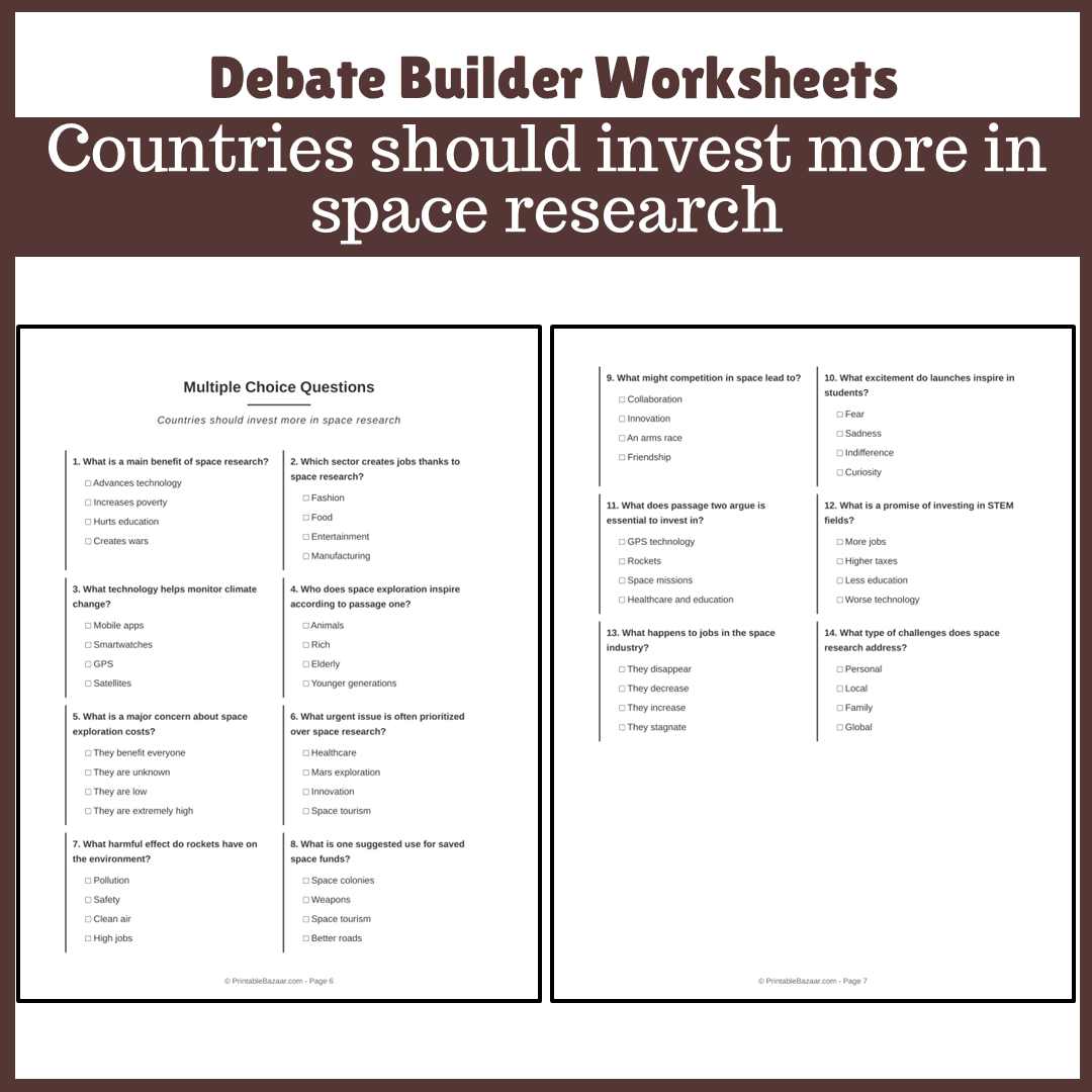 Countries should invest more in space research | Favour and Against Worksheet Printable Activity