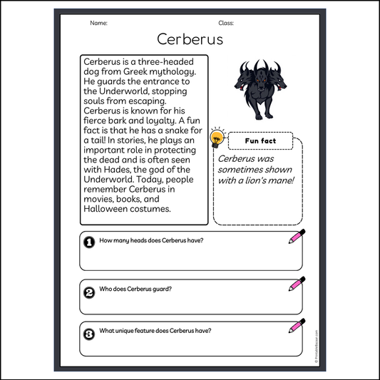 Cerberus | Reading Passage Comprehension Questions Writing Facts Worksheet