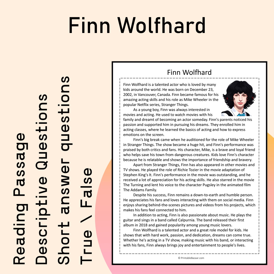 Finn Wolfhard | Reading Comprehension Passage Printable Activity