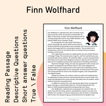 Finn Wolfhard | Reading Comprehension Passage Printable Activity