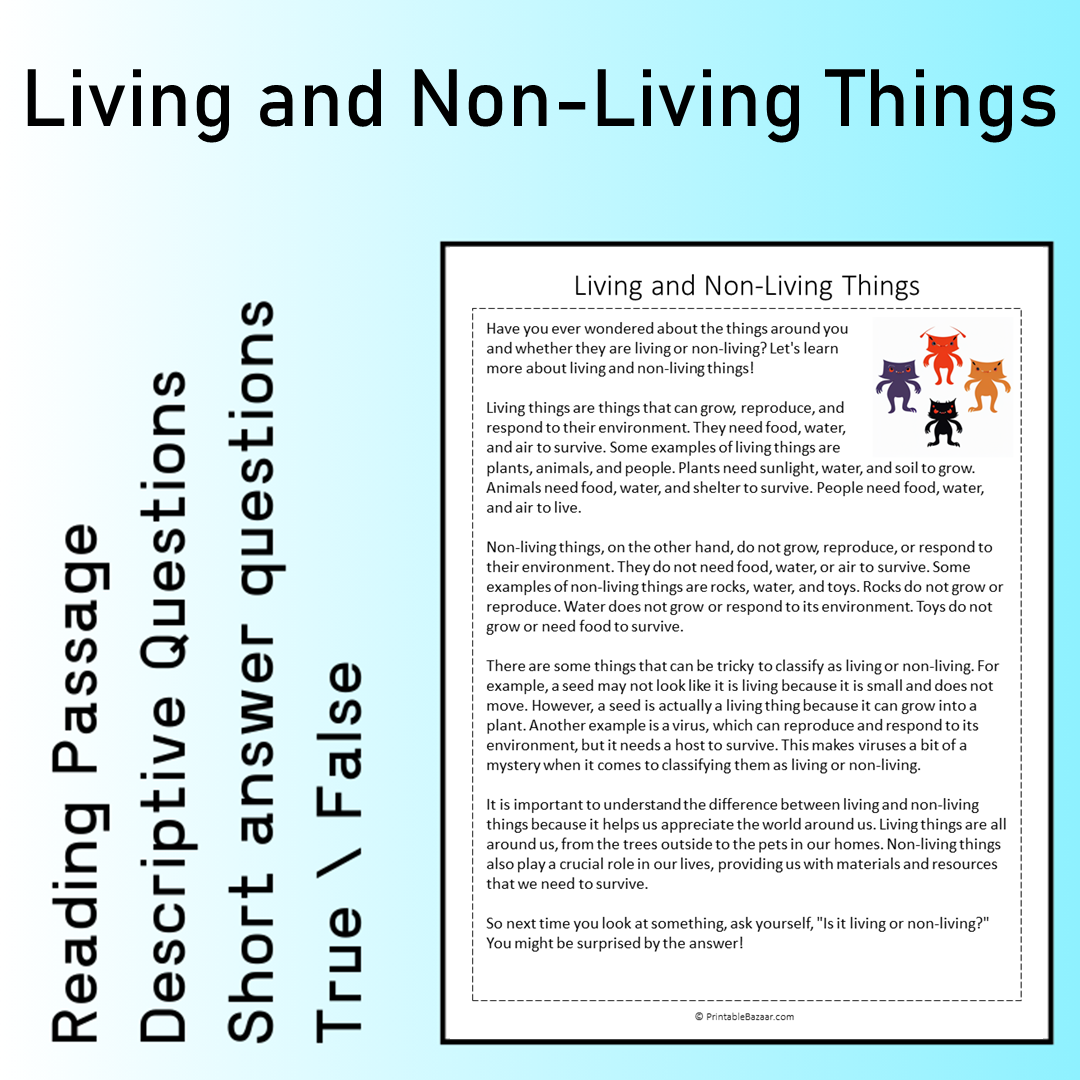 Living and Non-Living Things | Reading Comprehension Passage Printable Worksheet