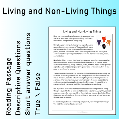 Living and Non-Living Things | Reading Comprehension Passage Printable Worksheet