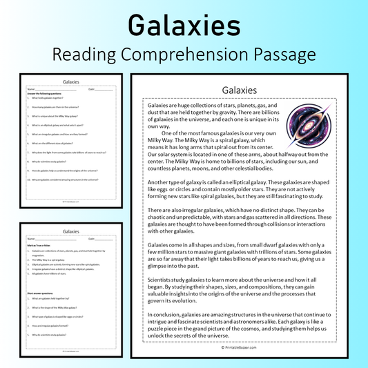 Galaxies | Reading Comprehension Passage Printable Worksheet