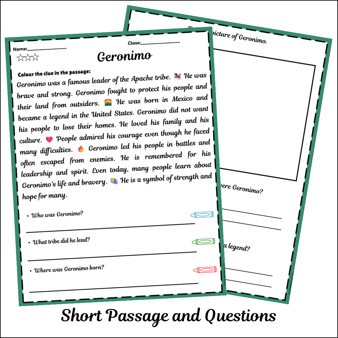 Geronimo | Short Reading Comprehension Creative Worksheet