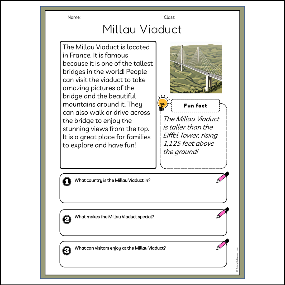 Millau Viaduct | Reading Passage Comprehension Questions Writing Facts Worksheet