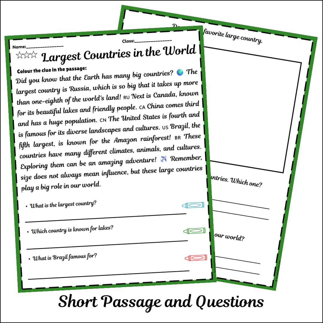 Largest Countries in the World | Short Reading Comprehension Creative Worksheet