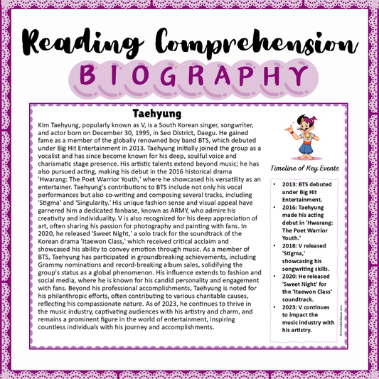 Taehyung | Biography Reading Comprehension and Questions Worksheet