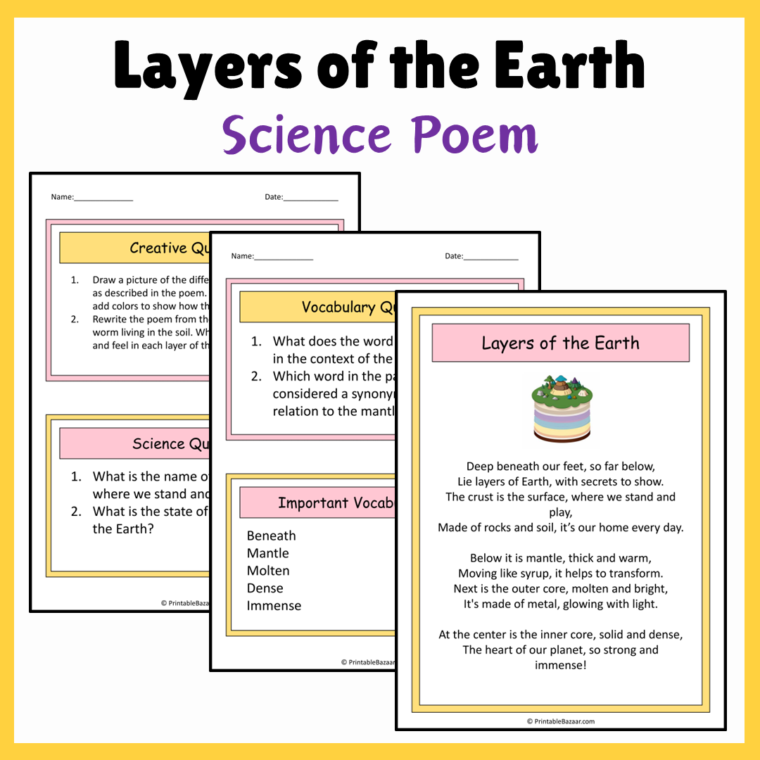 Layers of the Earth | Science Poem Reading Comprehension Activity