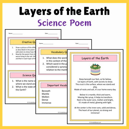 Layers of the Earth | Science Poem Reading Comprehension Activity