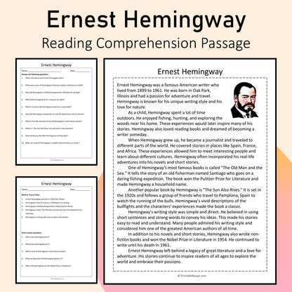 Ernest Hemingway | Reading Comprehension Passage Printable Activity