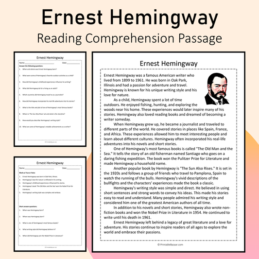 Ernest Hemingway | Reading Comprehension Passage Printable Activity