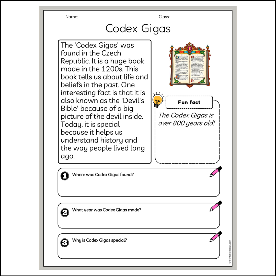 Codex Gigas | Reading Passage Comprehension Questions Writing Facts Worksheet