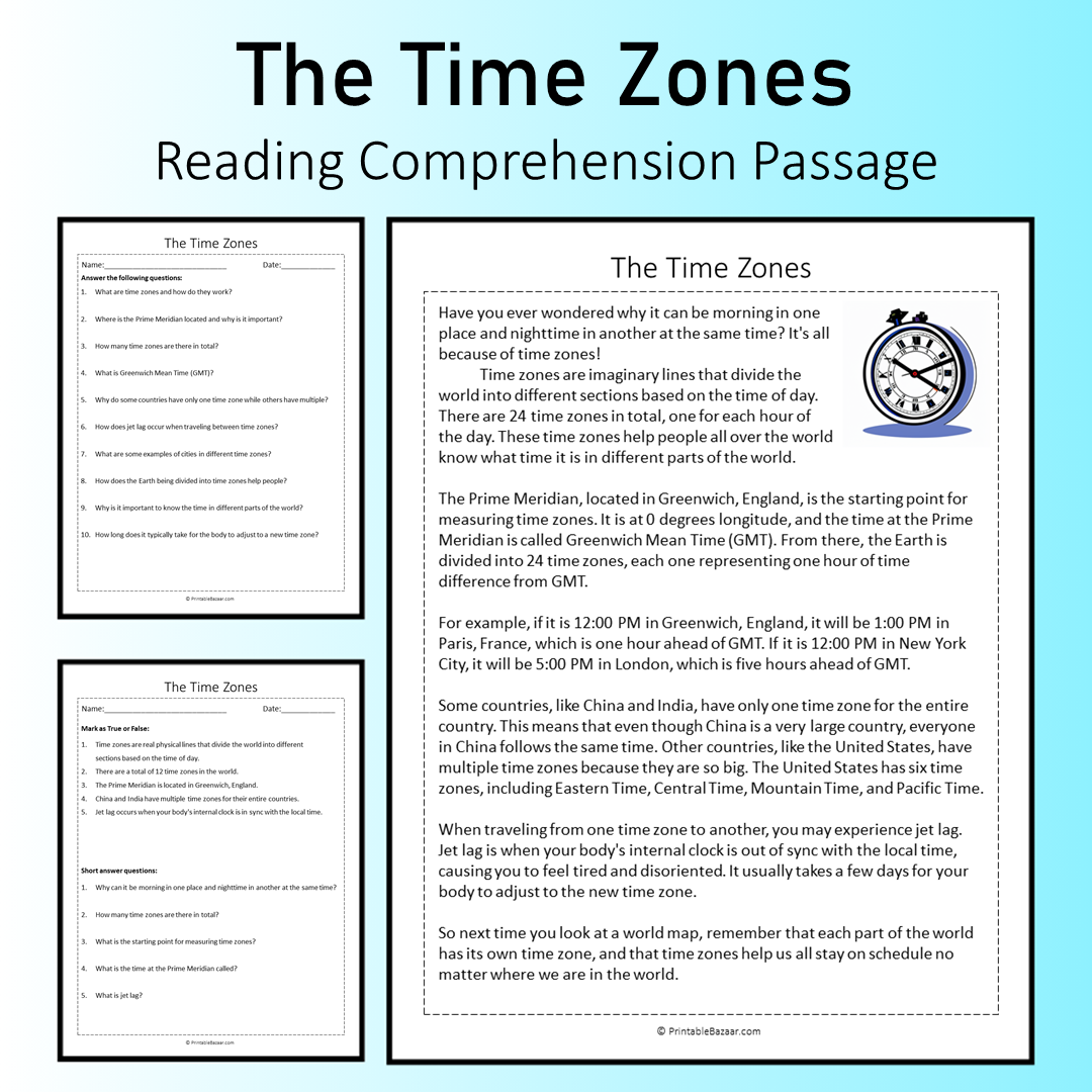 The Time Zones | Reading Comprehension Passage Printable Worksheet