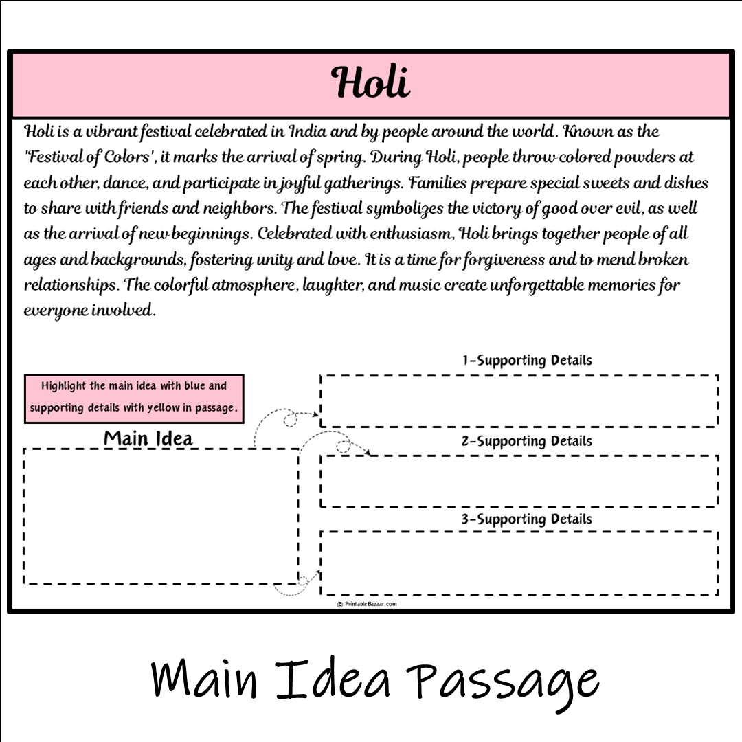 Holi | Main Idea and Supporting Details Reading Passage and Questions