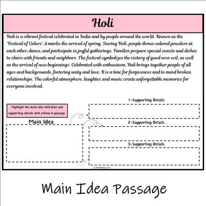 Holi | Main Idea and Supporting Details Reading Passage and Questions