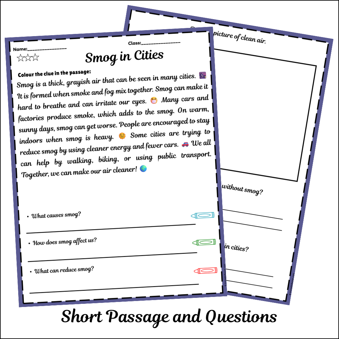 Smog in Cities | Short Reading Comprehension Creative Worksheet