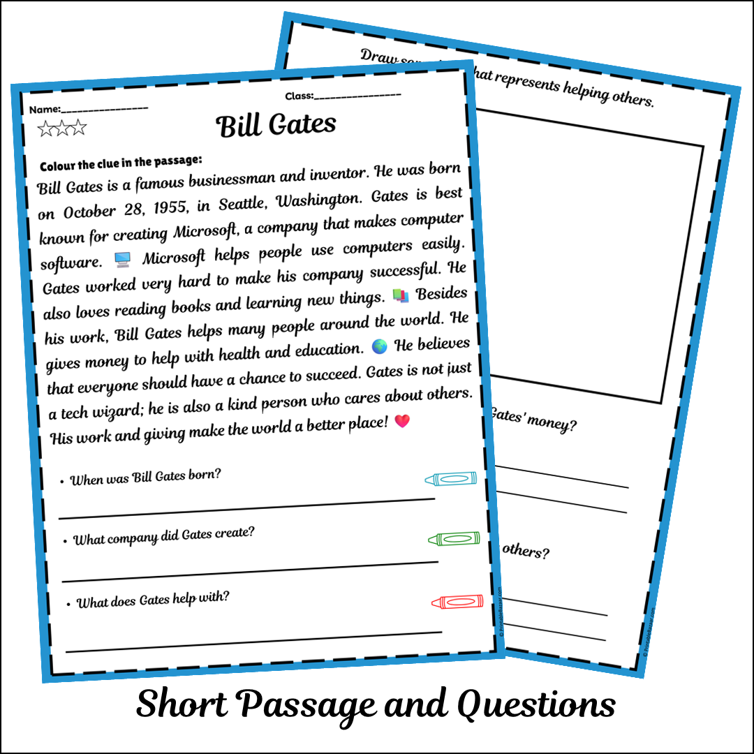 Bill Gates | Short Reading Comprehension Creative Worksheet