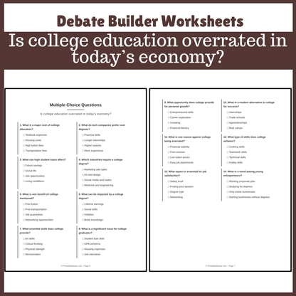 Is college education overrated in today’s economy? | Favour and Against Worksheet Printable Activity