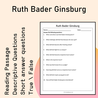 Ruth Bader Ginsburg | Reading Comprehension Passage Printable Activity
