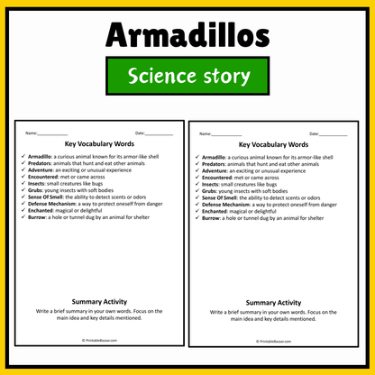 Armadillos | Science Story Reading Comprehension Activity